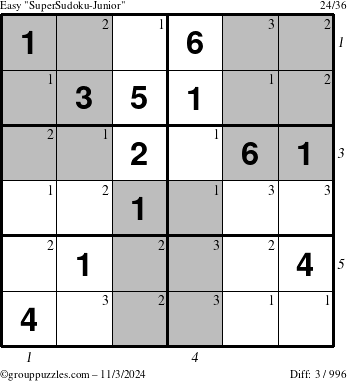 The grouppuzzles.com Easy SuperSudoku-Junior puzzle for Sunday November 3, 2024 with all 3 steps marked