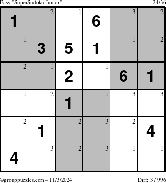 The grouppuzzles.com Easy SuperSudoku-Junior puzzle for Sunday November 3, 2024 with the first 3 steps marked