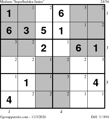 The grouppuzzles.com Medium SuperSudoku-Junior puzzle for Sunday November 3, 2024 with all 3 steps marked