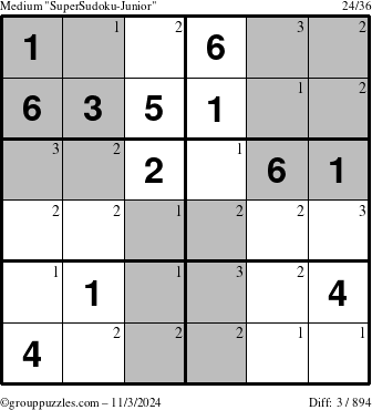 The grouppuzzles.com Medium SuperSudoku-Junior puzzle for Sunday November 3, 2024 with the first 3 steps marked