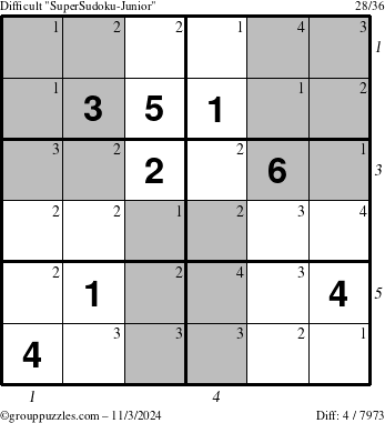 The grouppuzzles.com Difficult SuperSudoku-Junior puzzle for Sunday November 3, 2024 with all 4 steps marked