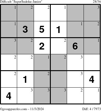 The grouppuzzles.com Difficult SuperSudoku-Junior puzzle for Sunday November 3, 2024 with the first 3 steps marked