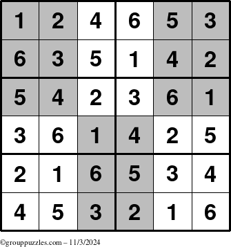 The grouppuzzles.com Answer grid for the SuperSudoku-Junior puzzle for Sunday November 3, 2024