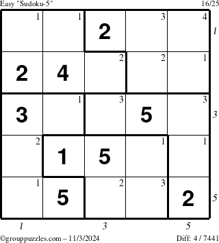 The grouppuzzles.com Easy Sudoku-5 puzzle for Sunday November 3, 2024, suitable for printing, with all 4 steps marked