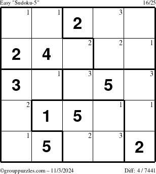 The grouppuzzles.com Easy Sudoku-5 puzzle for Sunday November 3, 2024 with the first 3 steps marked