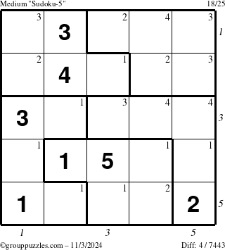 The grouppuzzles.com Medium Sudoku-5 puzzle for Sunday November 3, 2024 with all 4 steps marked