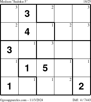 The grouppuzzles.com Medium Sudoku-5 puzzle for Sunday November 3, 2024 with the first 3 steps marked