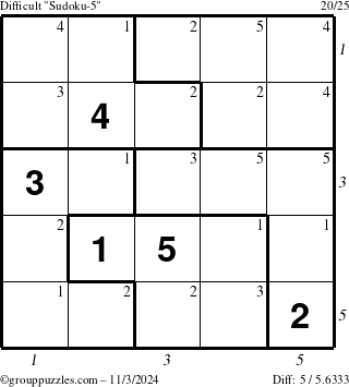 The grouppuzzles.com Difficult Sudoku-5 puzzle for Sunday November 3, 2024 with all 5 steps marked