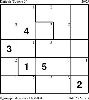 The grouppuzzles.com Difficult Sudoku-5 puzzle for Sunday November 3, 2024 with the first 3 steps marked