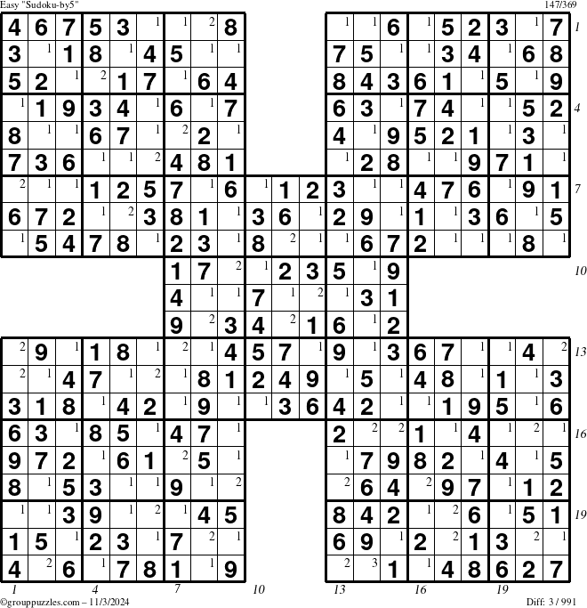 The grouppuzzles.com Easy Sudoku-by5 puzzle for Sunday November 3, 2024 with all 3 steps marked