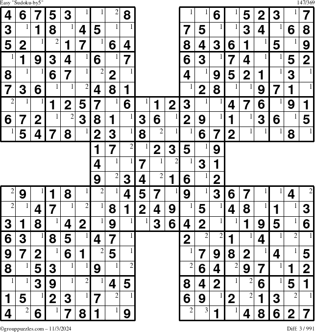 The grouppuzzles.com Easy Sudoku-by5 puzzle for Sunday November 3, 2024 with the first 3 steps marked