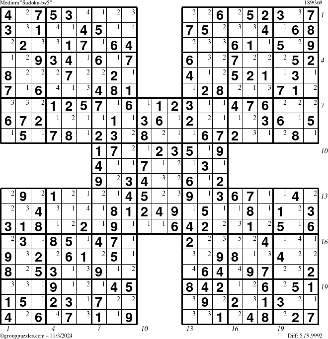 The grouppuzzles.com Medium Sudoku-by5 puzzle for Sunday November 3, 2024 with all 5 steps marked