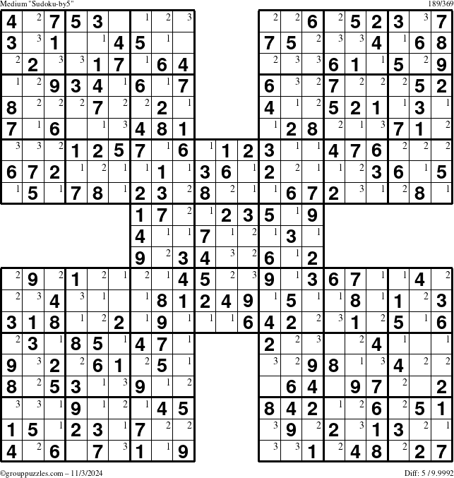 The grouppuzzles.com Medium Sudoku-by5 puzzle for Sunday November 3, 2024 with the first 3 steps marked