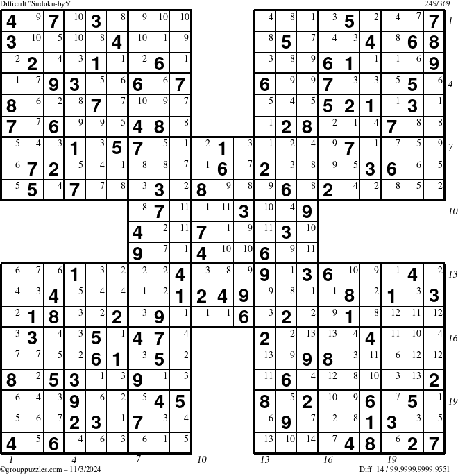 The grouppuzzles.com Difficult Sudoku-by5 puzzle for Sunday November 3, 2024 with all 14 steps marked