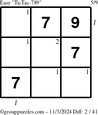 The grouppuzzles.com Easy TicTac-789 puzzle for Sunday November 3, 2024 with all 2 steps marked