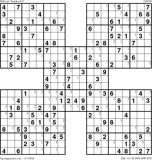 The grouppuzzles.com Difficult Sudoku-by5 puzzle for Sunday November 3, 2024 with the first 3 steps marked