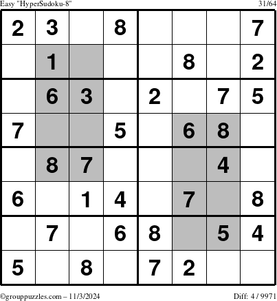 The grouppuzzles.com Easy HyperSudoku-8 puzzle for Sunday November 3, 2024