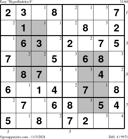 The grouppuzzles.com Easy HyperSudoku-8 puzzle for Sunday November 3, 2024 with all 4 steps marked