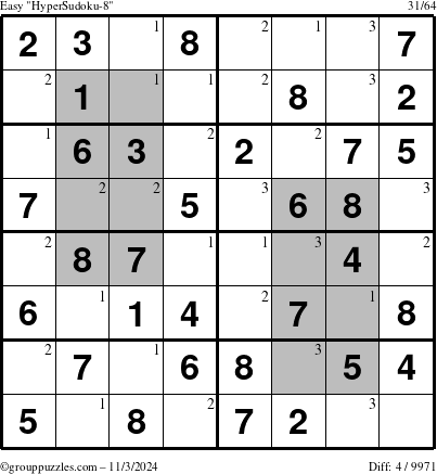 The grouppuzzles.com Easy HyperSudoku-8 puzzle for Sunday November 3, 2024 with the first 3 steps marked