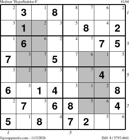 The grouppuzzles.com Medium HyperSudoku-8 puzzle for Sunday November 3, 2024, suitable for printing, with all 8 steps marked