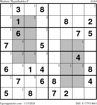 The grouppuzzles.com Medium HyperSudoku-8 puzzle for Sunday November 3, 2024 with the first 3 steps marked