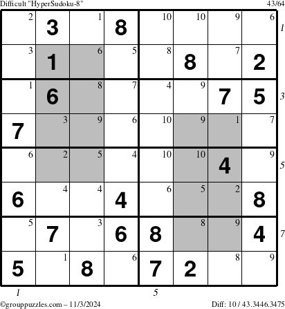 The grouppuzzles.com Difficult HyperSudoku-8 puzzle for Sunday November 3, 2024 with all 10 steps marked