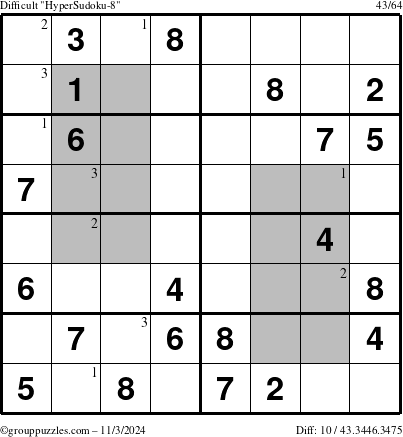 The grouppuzzles.com Difficult HyperSudoku-8 puzzle for Sunday November 3, 2024 with the first 3 steps marked