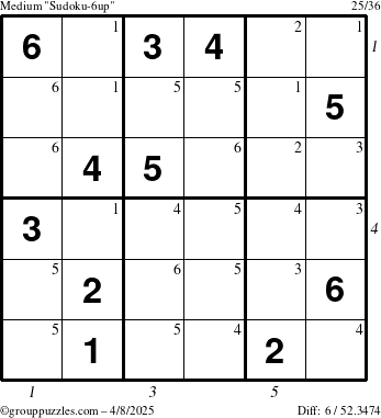 The grouppuzzles.com Medium Sudoku-6up puzzle for Tuesday April 8, 2025 with all 6 steps marked