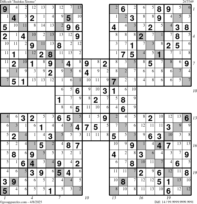 The grouppuzzles.com Difficult Sudoku-Xtreme puzzle for Tuesday April 8, 2025, suitable for printing, with all 14 steps marked