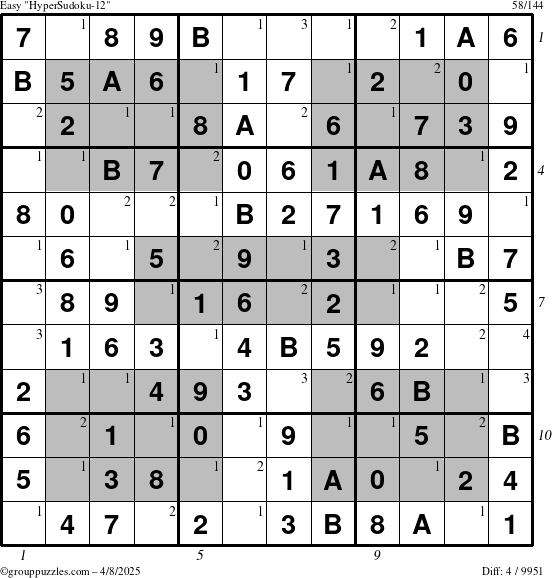 The grouppuzzles.com Easy HyperSudoku-12 puzzle for Tuesday April 8, 2025, suitable for printing, with all 4 steps marked