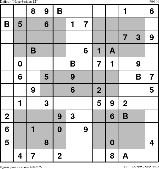 The grouppuzzles.com Difficult HyperSudoku-12 puzzle for Tuesday April 8, 2025