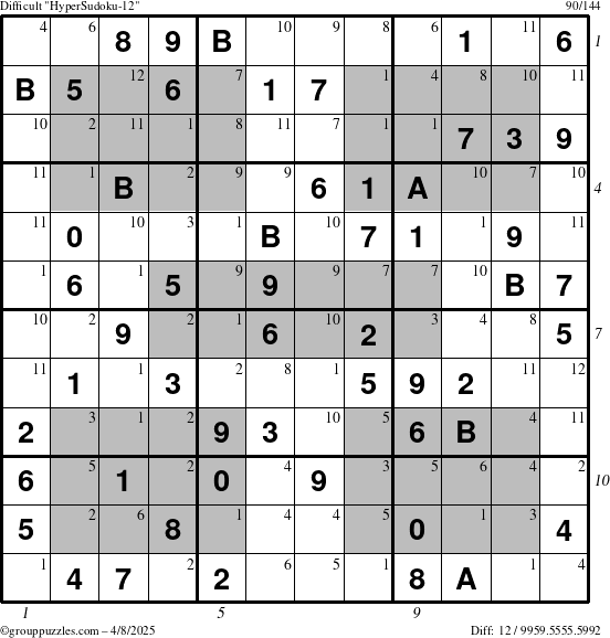 The grouppuzzles.com Difficult HyperSudoku-12 puzzle for Tuesday April 8, 2025 with all 12 steps marked