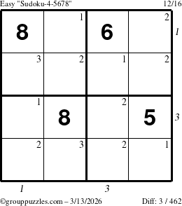 The grouppuzzles.com Easy Sudoku-4-5678 puzzle for Friday March 13, 2026 with all 3 steps marked