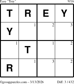 The grouppuzzles.com Easy Trey puzzle for Friday March 13, 2026 with the first 3 steps marked