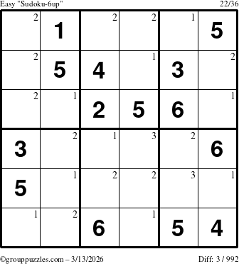 The grouppuzzles.com Easy Sudoku-6up puzzle for Friday March 13, 2026 with the first 3 steps marked