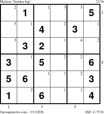 The grouppuzzles.com Medium Sudoku-6up puzzle for Friday March 13, 2026 with all 4 steps marked
