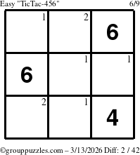 The grouppuzzles.com Easy TicTac-456 puzzle for Friday March 13, 2026 with the first 2 steps marked