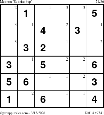 The grouppuzzles.com Medium Sudoku-6up puzzle for Friday March 13, 2026 with the first 3 steps marked