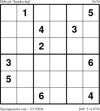 The grouppuzzles.com Difficult Sudoku-6up puzzle for Friday March 13, 2026