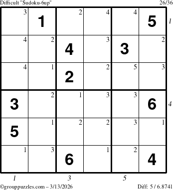 The grouppuzzles.com Difficult Sudoku-6up puzzle for Friday March 13, 2026, suitable for printing, with all 5 steps marked