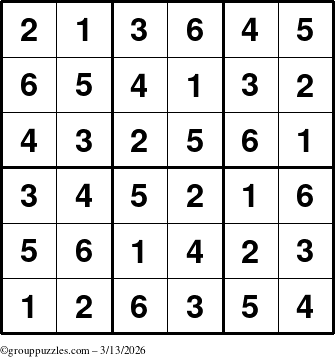 The grouppuzzles.com Answer grid for the Sudoku-6up puzzle for Friday March 13, 2026