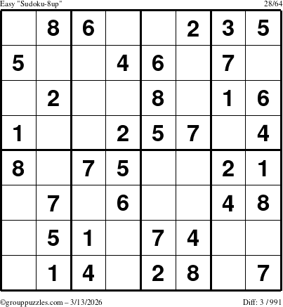 The grouppuzzles.com Easy Sudoku-8up puzzle for Friday March 13, 2026