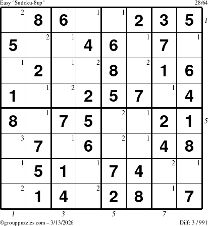 The grouppuzzles.com Easy Sudoku-8up puzzle for Friday March 13, 2026 with all 3 steps marked