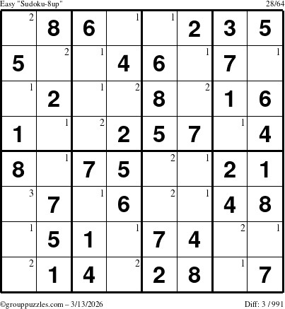 The grouppuzzles.com Easy Sudoku-8up puzzle for Friday March 13, 2026 with the first 3 steps marked
