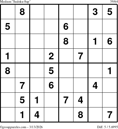 The grouppuzzles.com Medium Sudoku-8up puzzle for Friday March 13, 2026