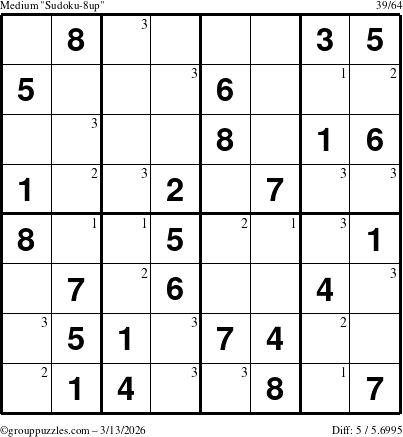 The grouppuzzles.com Medium Sudoku-8up puzzle for Friday March 13, 2026 with the first 3 steps marked