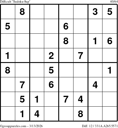 The grouppuzzles.com Difficult Sudoku-8up puzzle for Friday March 13, 2026