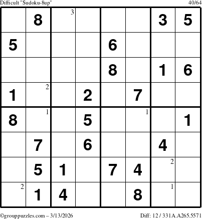The grouppuzzles.com Difficult Sudoku-8up puzzle for Friday March 13, 2026 with the first 3 steps marked