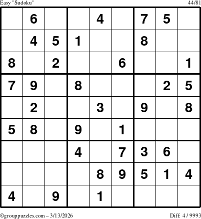 The grouppuzzles.com Easy Sudoku puzzle for Friday March 13, 2026
