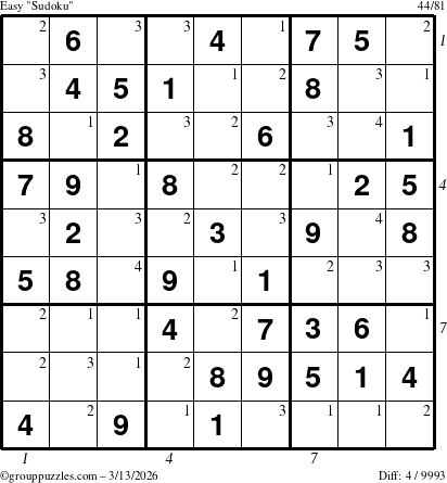 The grouppuzzles.com Easy Sudoku puzzle for Friday March 13, 2026 with all 4 steps marked